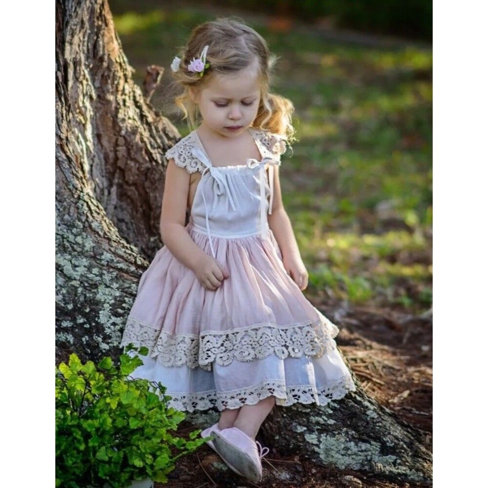 Dollcake Pink Ivory Ruffle Dress Halter Size 1 (12M) Lace Tiered